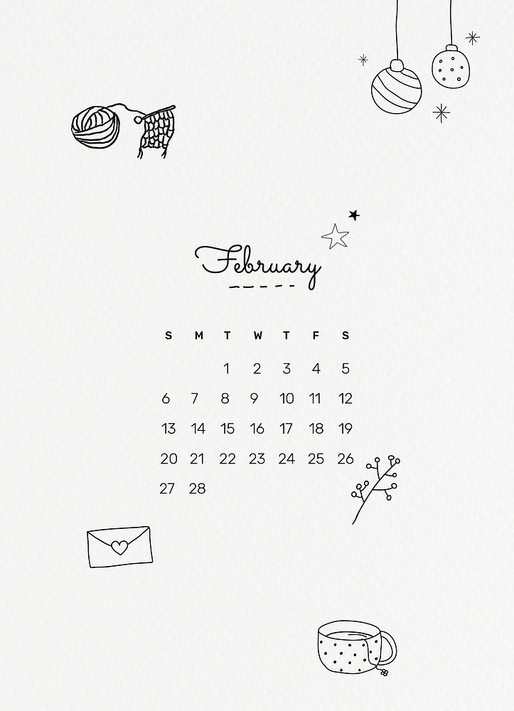 Cute February 2022 calendar template, editable monthly planner vector, doodle style