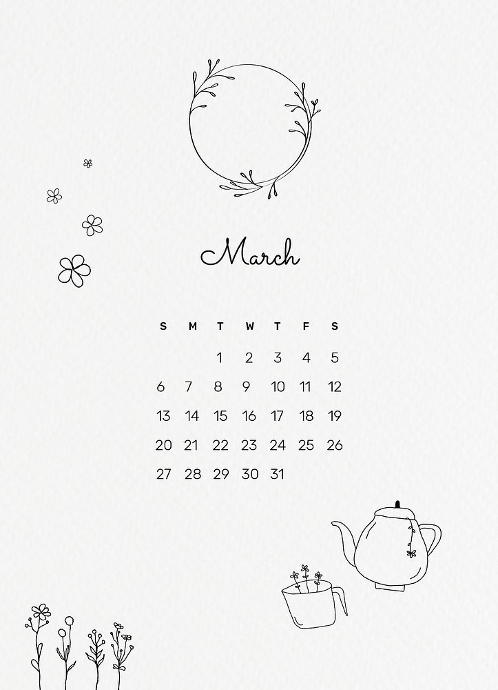 Cute 2022 March calendar template, monthly planner vector, doodle style