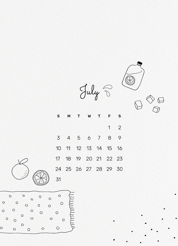 2022 July calendar template, aesthetic editable monthly calendar vector, doodle style