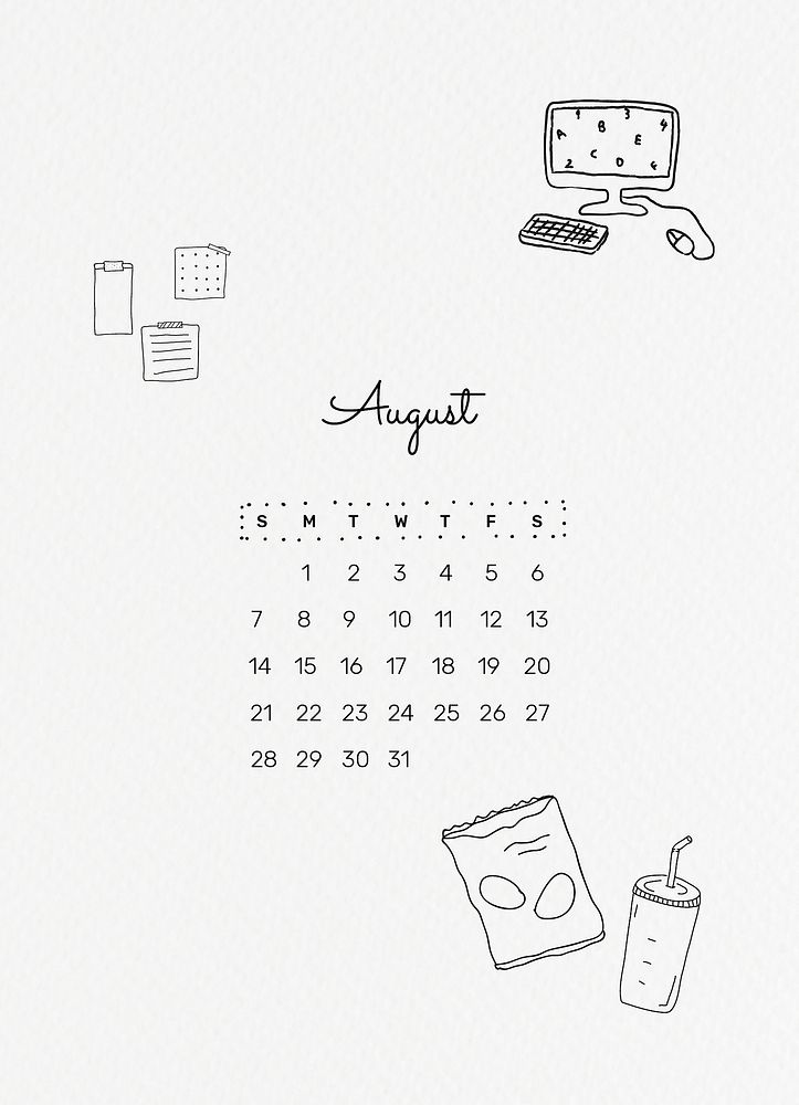 2022 August calendar template, monthly planner editable vector, doodle style