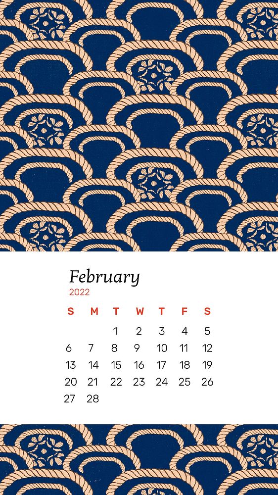 Pattern February 2022 calendar, monthly planner, mobile wallpaper vector. Remix from vintage artwork by Watanabe Seitei