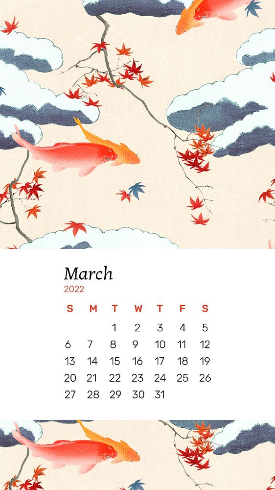 Japanese 2022 March calendar, printable monthly planner iPhone wallpaper. Remix from vintage artwork by Watanabe Seitei
