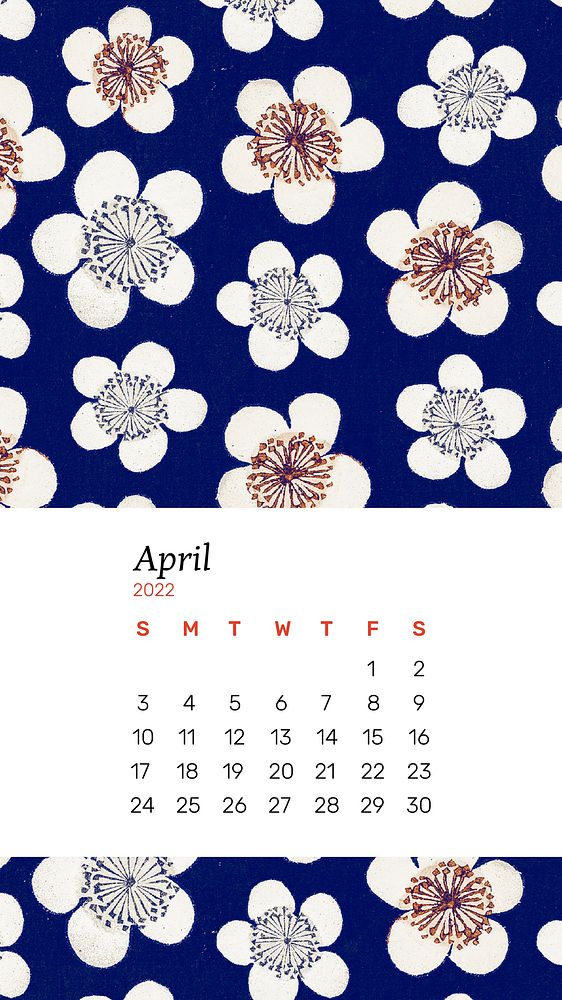 Floral 2022 April calendar, printable monthly planner phone wallpaper. Remix from vintage artwork by Watanabe Seitei