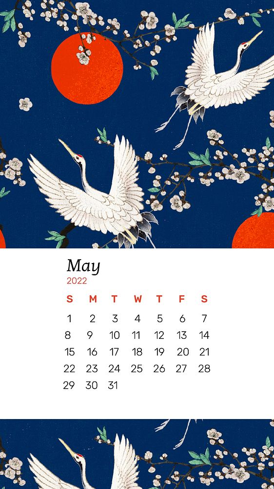 Crane 2022 May calendar, printable monthly planner mobile wallpaper. Remix from vintage artwork by Watanabe Seitei