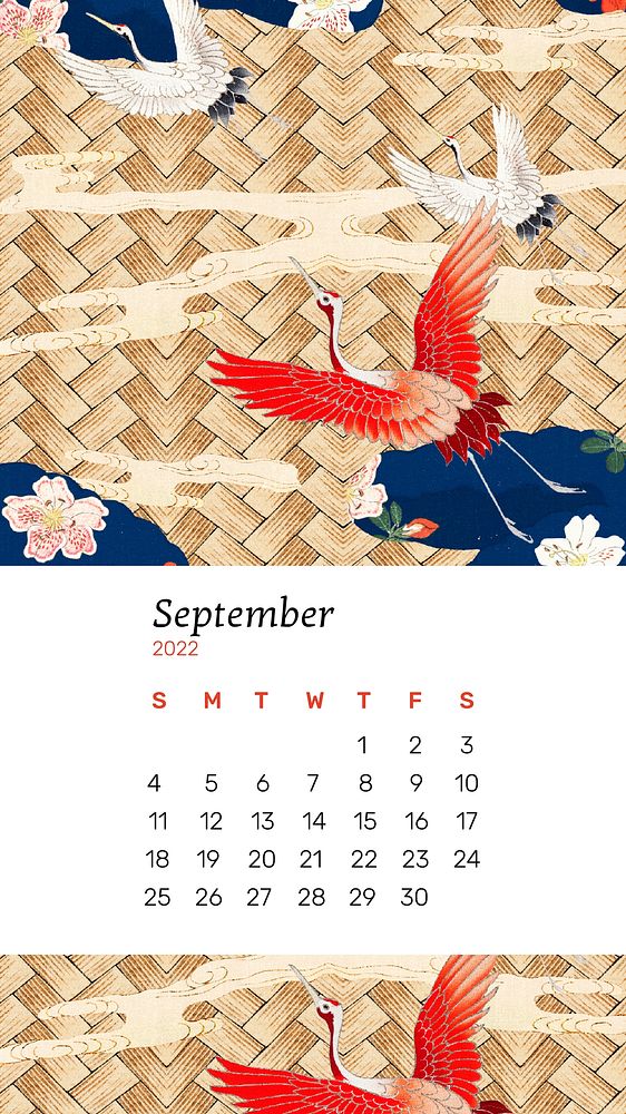 2022 September calendar, Japanese aesthetic mobile wallpaper. Remix from vintage artwork by Watanabe Seitei