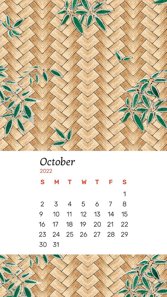 Japanese 2022 October calendar template, mobile wallpaper vector. Remix from vintage artwork by Watanabe Seitei
