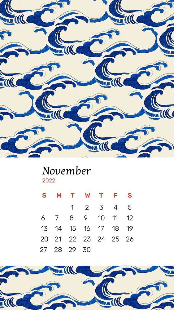 Wave November 2022 calendar, mobile wallpaper monthly planner. Remix from vintage artwork by Watanabe Seitei