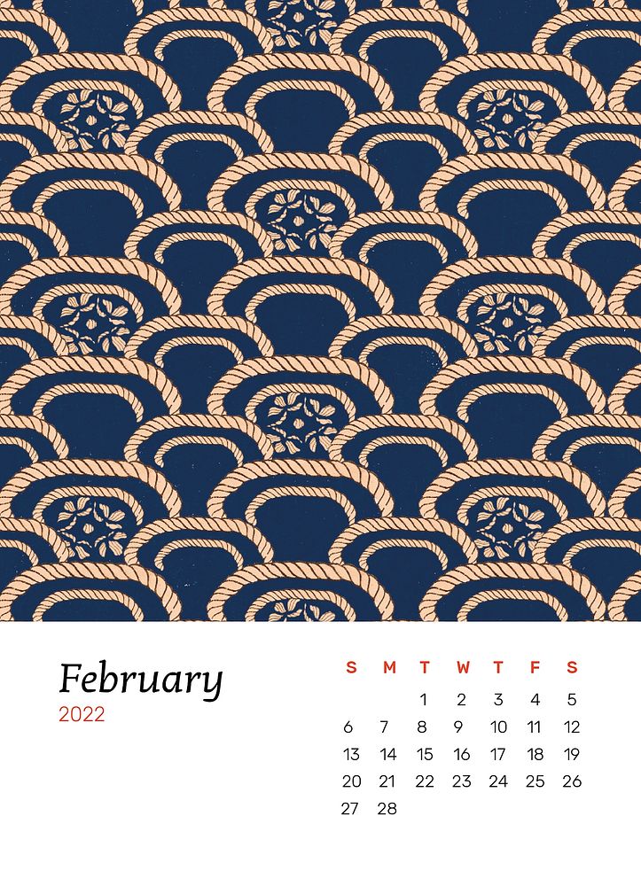 Blue February 2022 calendar, monthly planner. Remix from vintage artwork by Watanabe Seitei