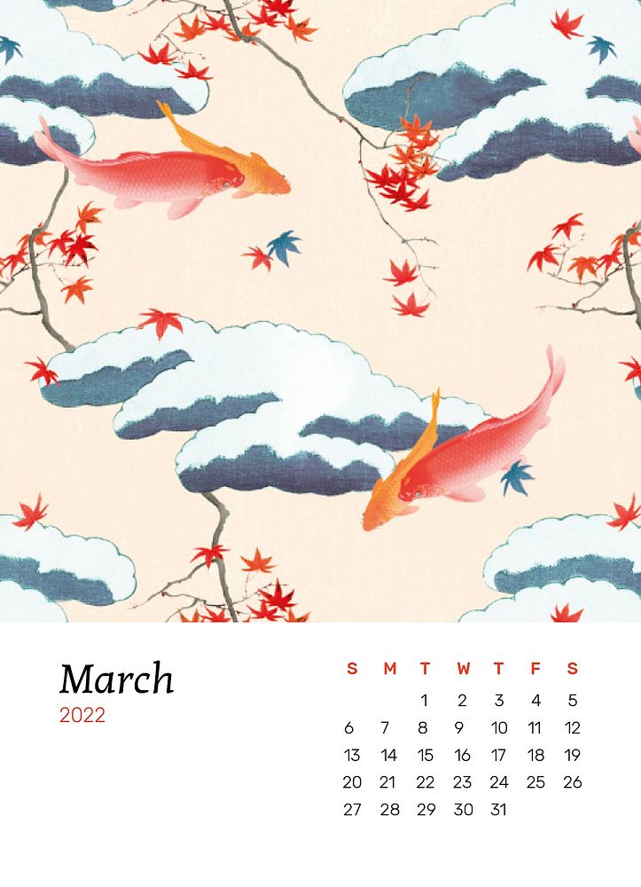 Japanese 2022 March calendar, aesthetic monthly planner. Remix from vintage artwork by Watanabe Seitei