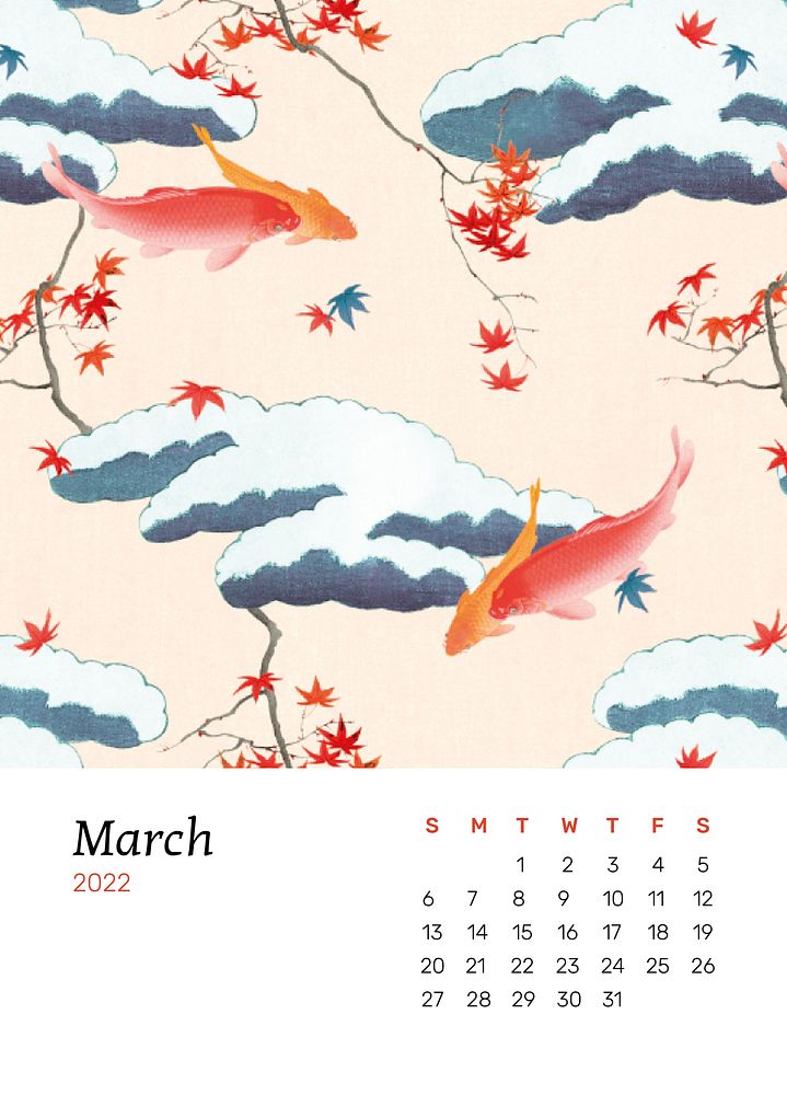 Japanese 2022 March calendar template, monthly planner psd. Remix from vintage artwork by Watanabe Seitei