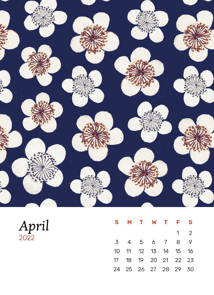 Flower 2022 April calendar, printable aesthetic monthly planner. Remix from vintage artwork by Watanabe Seitei
