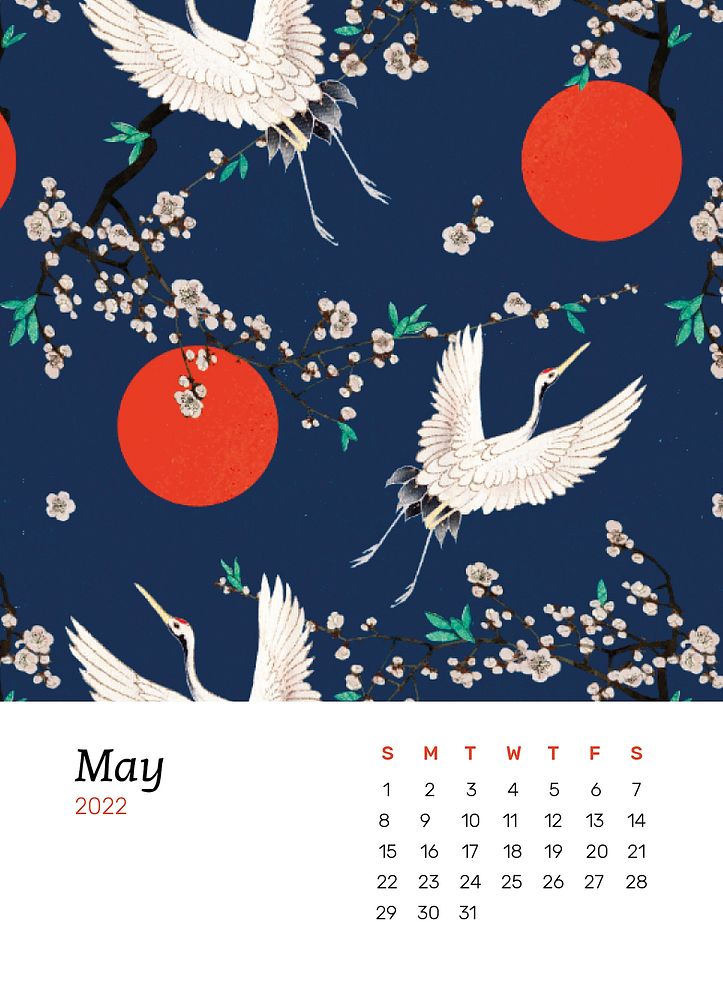 Cranes 2022 May calendar template, monthly planner vector. Remix from vintage artwork by Watanabe Seitei