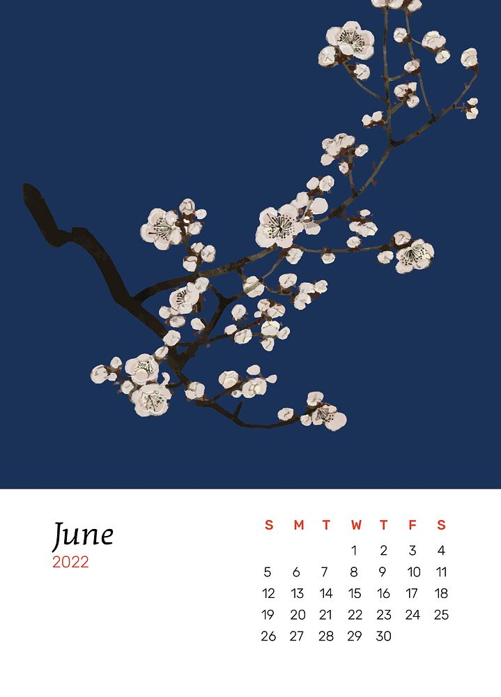 Flower 2022 June calendar template, editable planner psd. Remix from vintage artwork by Watanabe Seitei