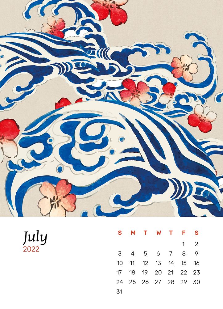 Japanese 2022 July calendar, printable monthly calendar. Remix from vintage artwork by Watanabe Seitei
