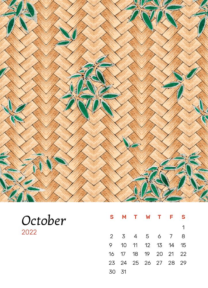 Japanese 2022 October calendar, printable monthly planner. Remix from vintage artwork by Watanabe Seitei
