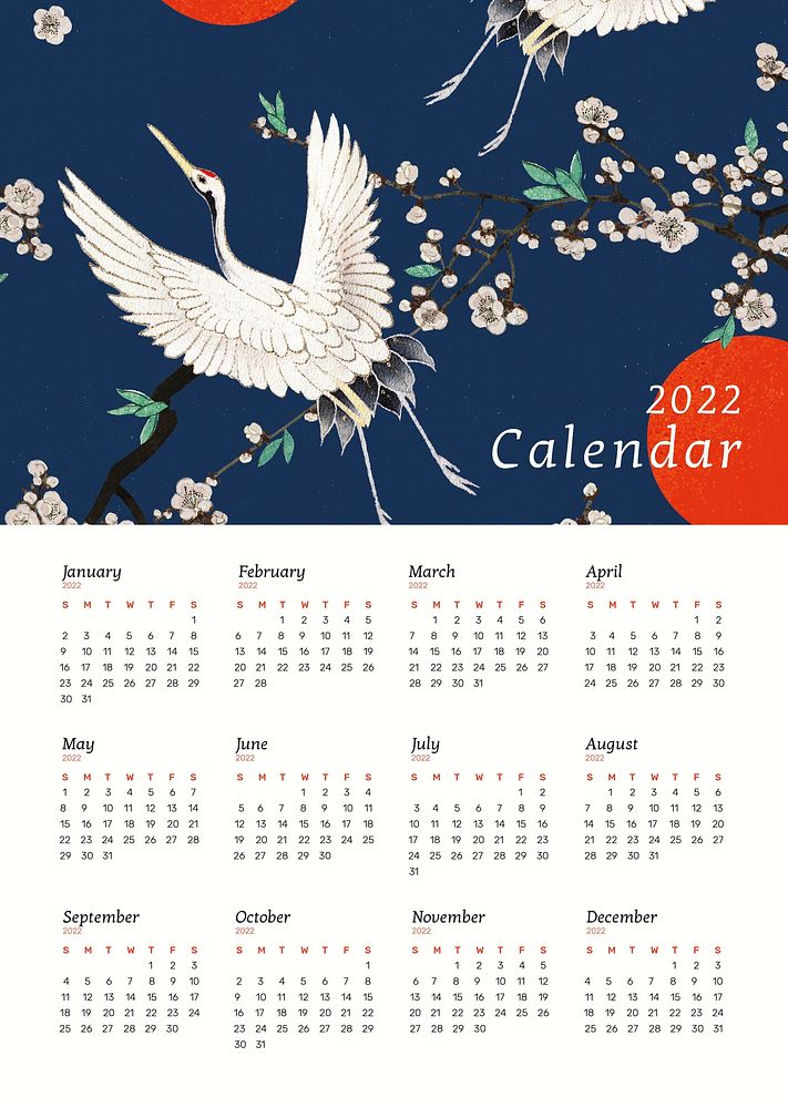 Vintage 2022 monthly calendar template, Japanese pattern vector. Remix from vintage artwork by Watanabe Seitei.