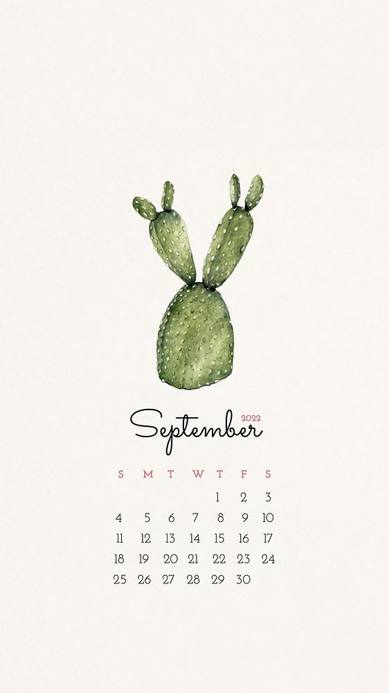 Cactus 2022 September calendar template, mobile wallpaper vector