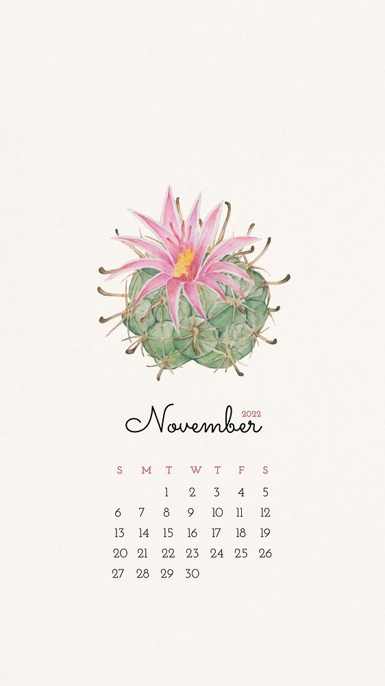 Cactus November 2022 calendar template, mobile wallpaper monthly planner vector