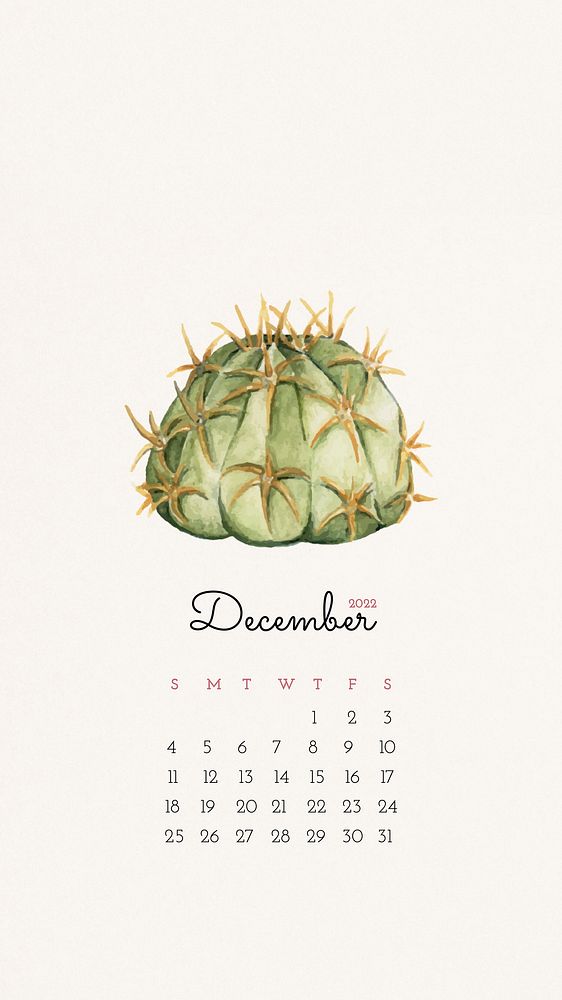 Cactus December 2022 calendar template, monthly planner, iPhone wallpaper vector