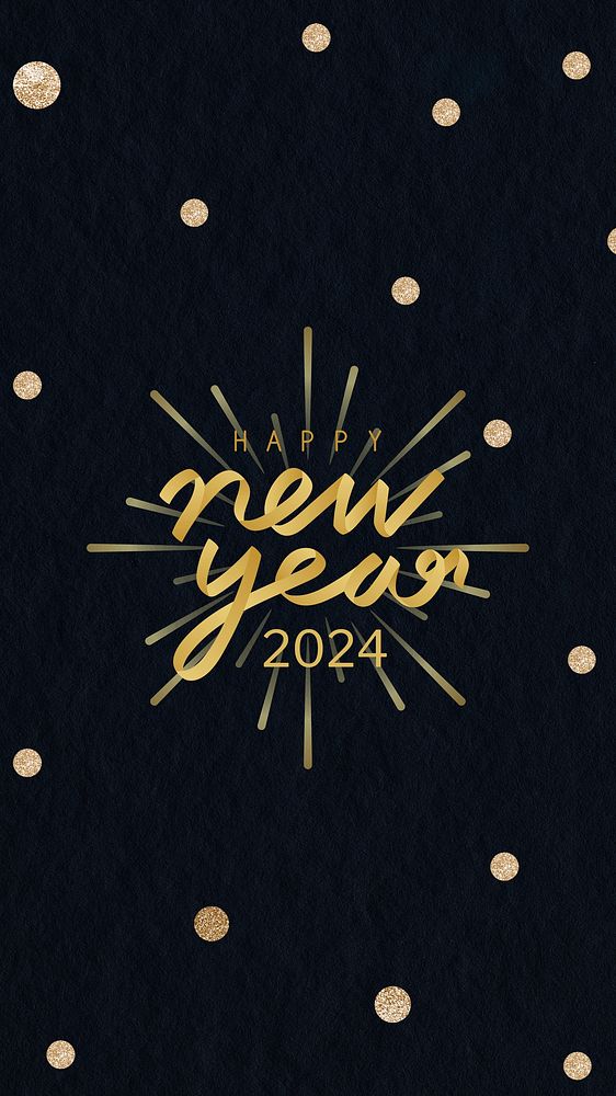 New year 2024 phone wallpaper HD gold glitter text background psd