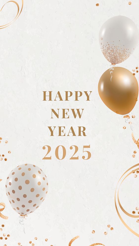 2025 gold & white balloon phone wallpaper, high resolution new year background with confetti