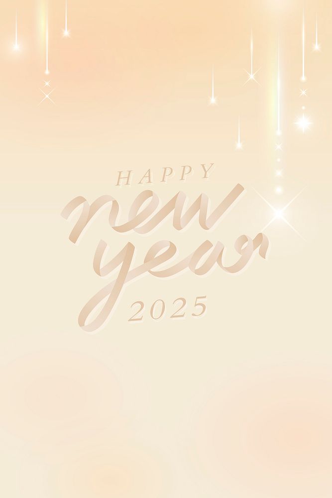 2025 gold happy new year season's greetings text Gatsby aesthetics on peach beige background