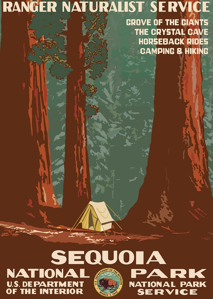 National park poster, camping illustration. Free public domain CC0 image.