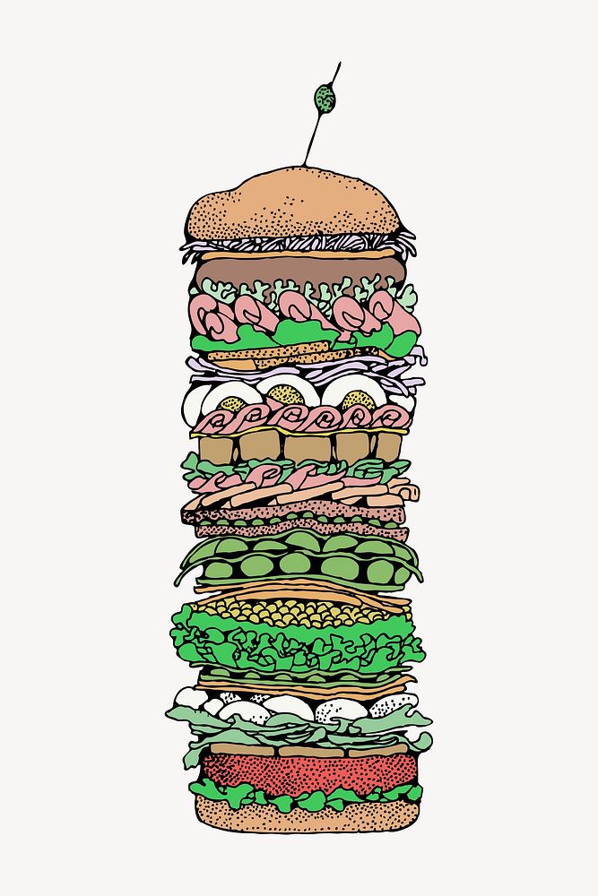 Giant sandwich clipart, food illustration psd. Free public domain CC0 image.