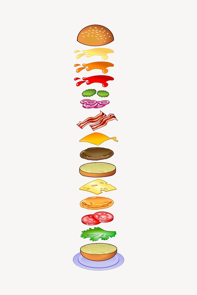Burger ingredients clipart, food illustration vector. Free public domain CC0 image.