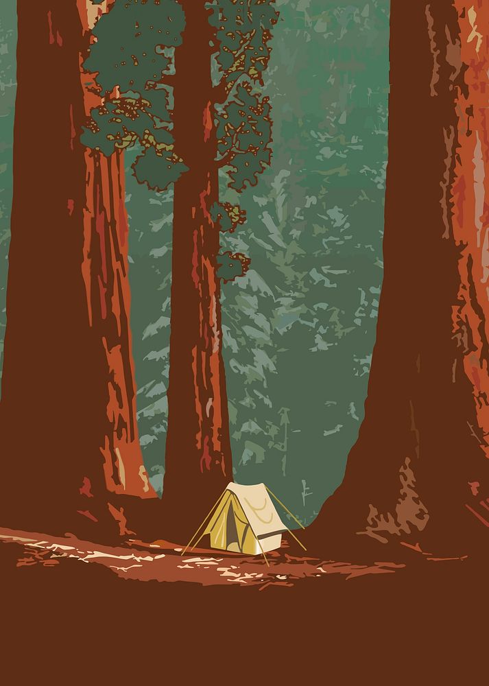 Camping tent poster, travel illustration. Free public domain CC0 image.