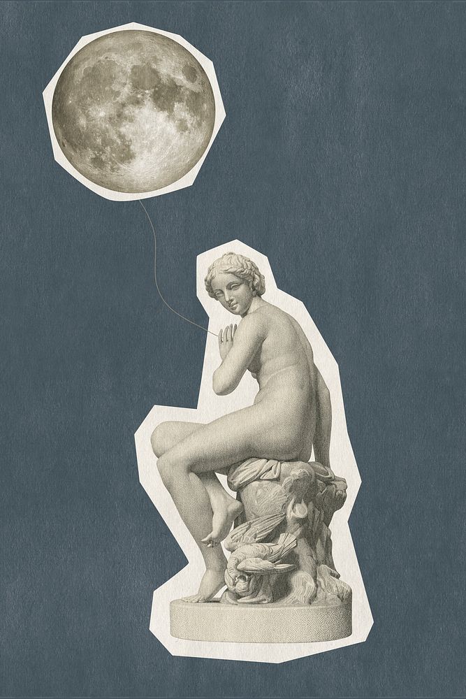 Statue and moon collage art, surreal design