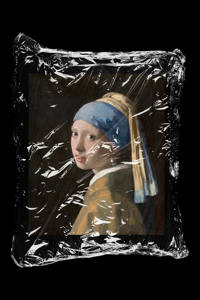 Girl with a pearl earring by Vermeer in plastic, black background, remixed by rawpixel