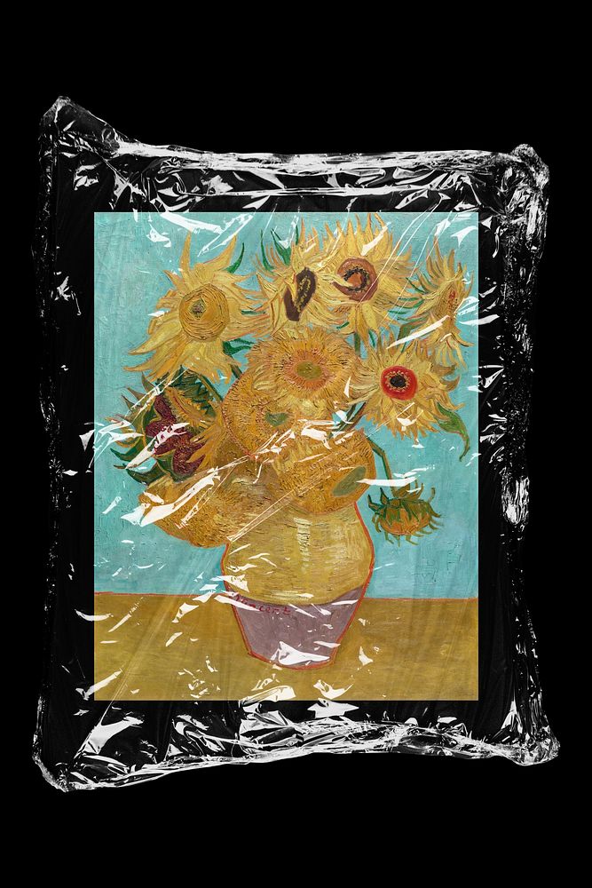 Van Gogh's sunflower artwork in plastic, black background, remixed by rawpixel