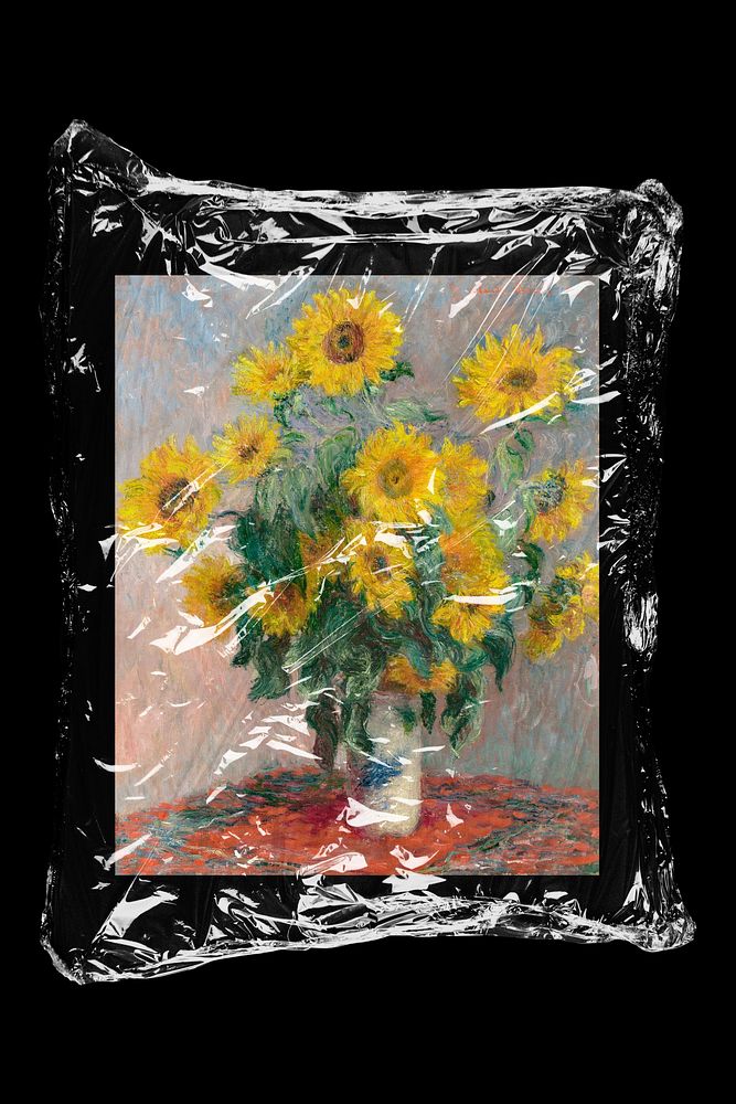 Monet's sunflowers in plastic, black background, remixed by rawpixel