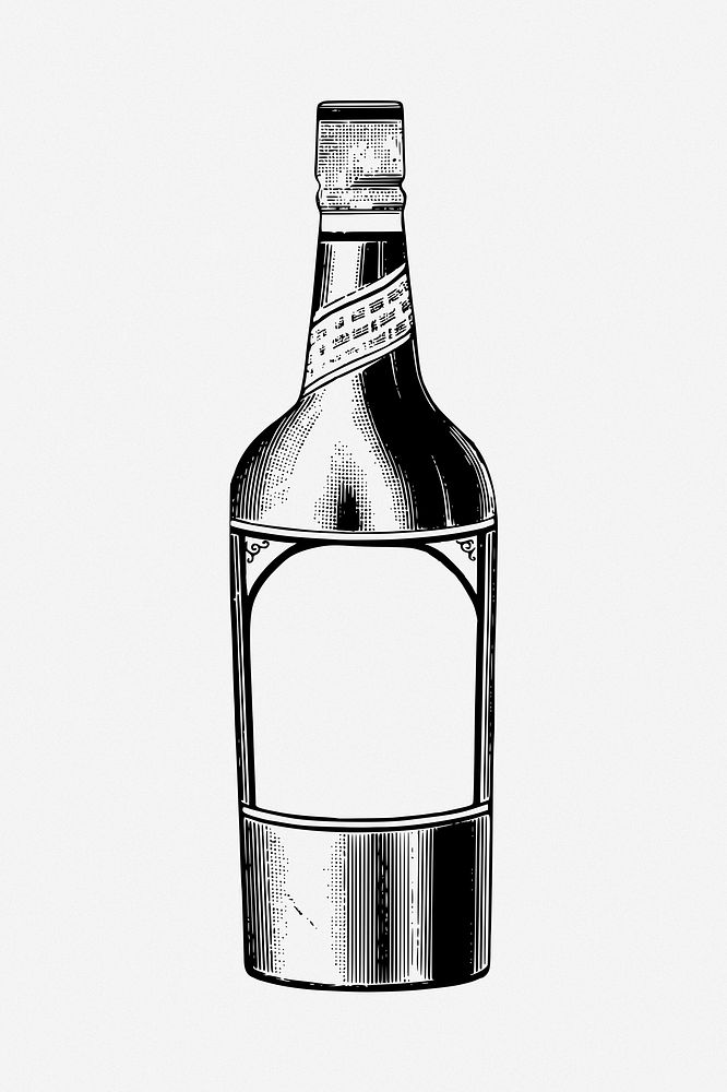 Champagne bottle drawing, object illustration. Free public domain CC0 image.