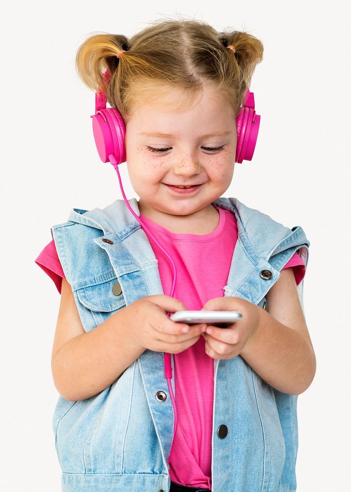 Cute little girl streaming music, isolated on off white