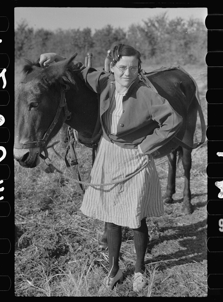 Thirty year-old mule; the girl is twenty-five. Farm in Coffey County, Kansas. Sourced from the Library of Congress.