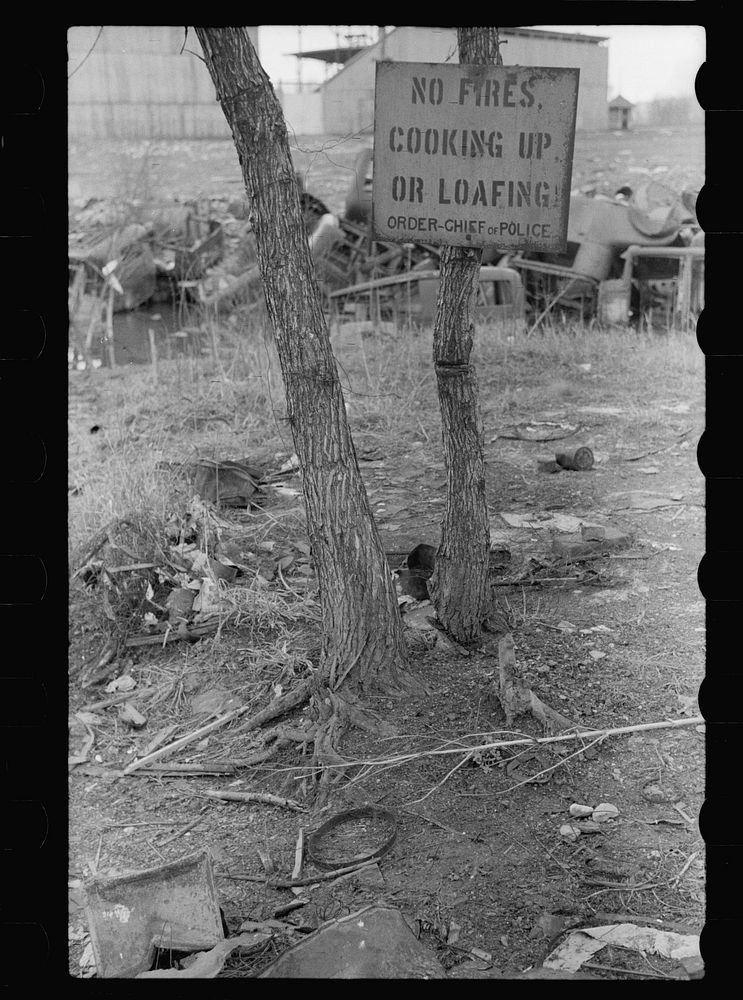 Sign on edge of city dump where many single men live in shacks, Dubuque, Iowa. Sourced from the Library of Congress.