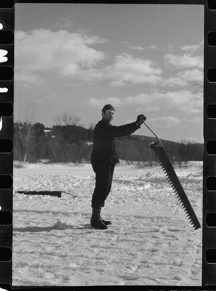 [Untitled photo, possibly related to: Coos County, New Hampshire. Cutting ice on the Ottaquetchee River]. Sourced from the…
