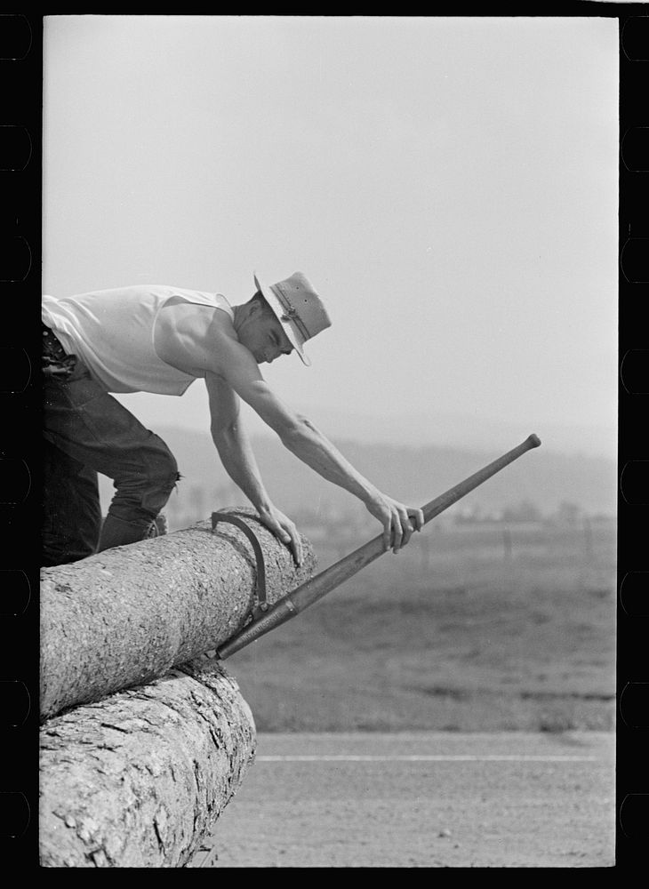 [Untitled photo, possibly related to: Lumber mill worker, Lowell, Vermont]. Sourced from the Library of Congress.