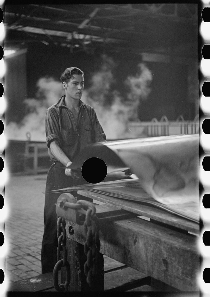 [Untitled photo, possibly related to: Steelworker at galvanizing machine, Pittsburgh, Pennsylvania]. Sourced from the…