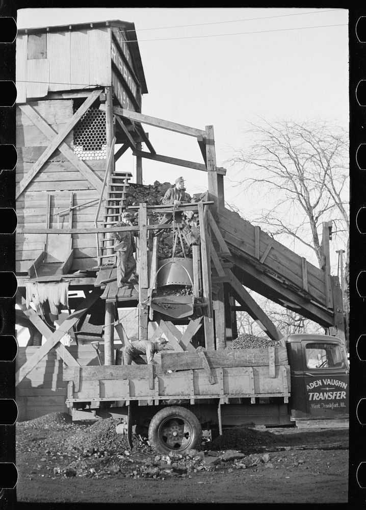 Loading a truck at Blue Ribbon No. 2 Mine, Williamson County, Illinois (see 26940-D). Sourced from the Library of Congress.