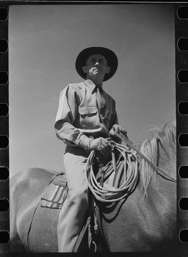 [Untitled photo, possibly related to: Jack Arnold looking over the Quarter Circle U Ranch which he owns, Rosebud County…