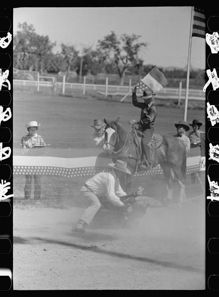 [Untitled photo, possibly related to: Roping a calf, rodeo, Miles City, Montana]. Sourced from the Library of Congress.