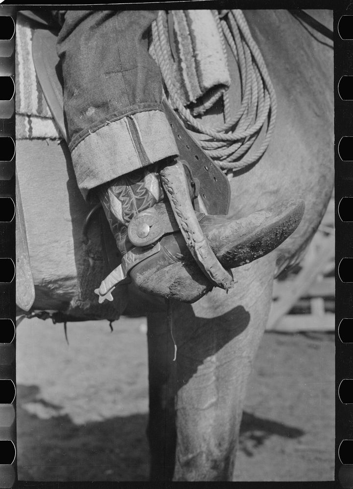Cowboy's boot and spurs, Quarter Circle U Ranch, Big Horn County, Montana. Sourced from the Library of Congress.