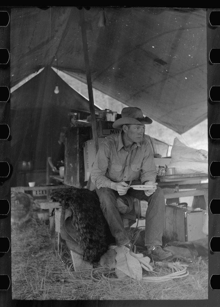 Cowboy eating in Three Circle roundup camp, Powder River County, Montana. Sourced from the Library of Congress.