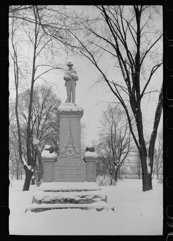 Statue in park after snowstorm, Chillicothe, Ohio. Sourced from the Library of Congress.