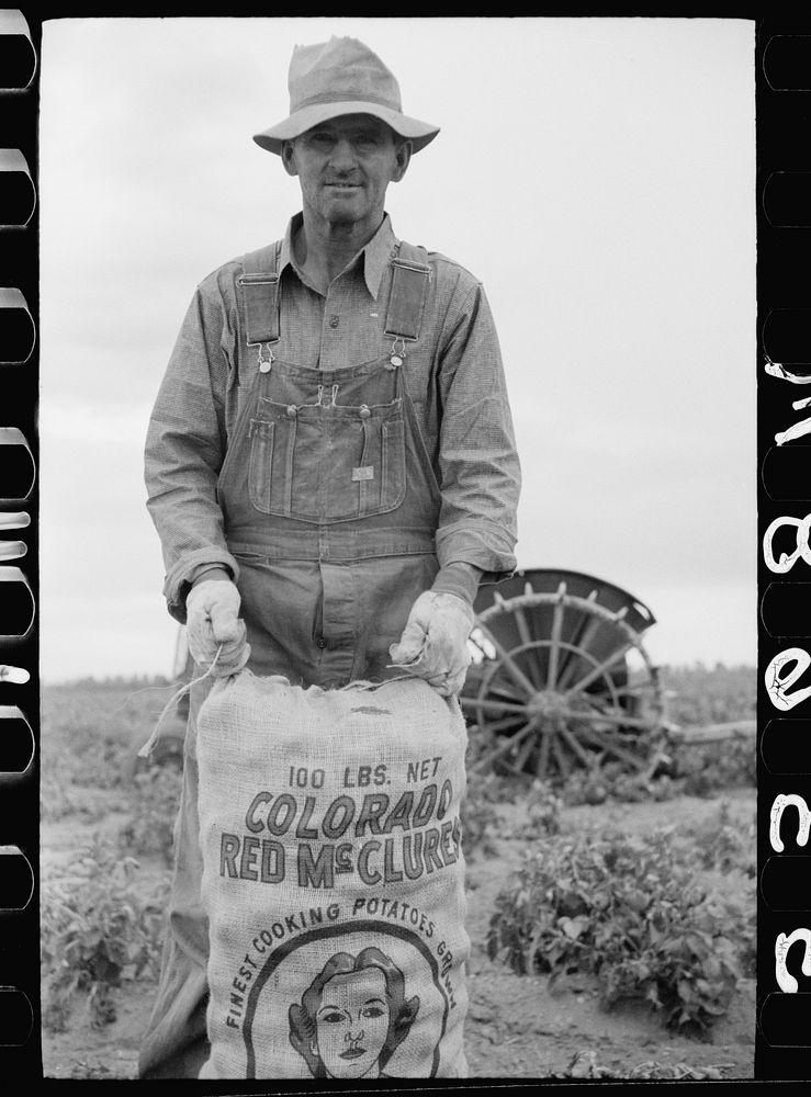 [Untitled photo, possibly related to: Farmer and son with sack of potatoes, Rio Grande County, Colorado]. Sourced from the…