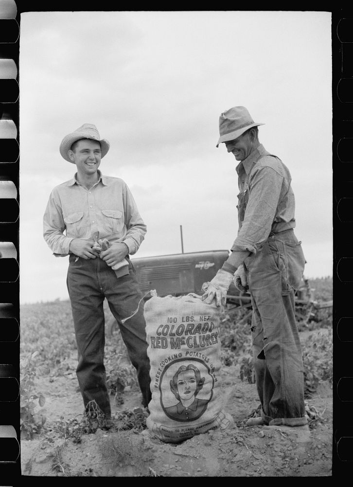 Farmer and son with sack of potatoes, Rio Grande County, Colorado. Sourced from the Library of Congress.