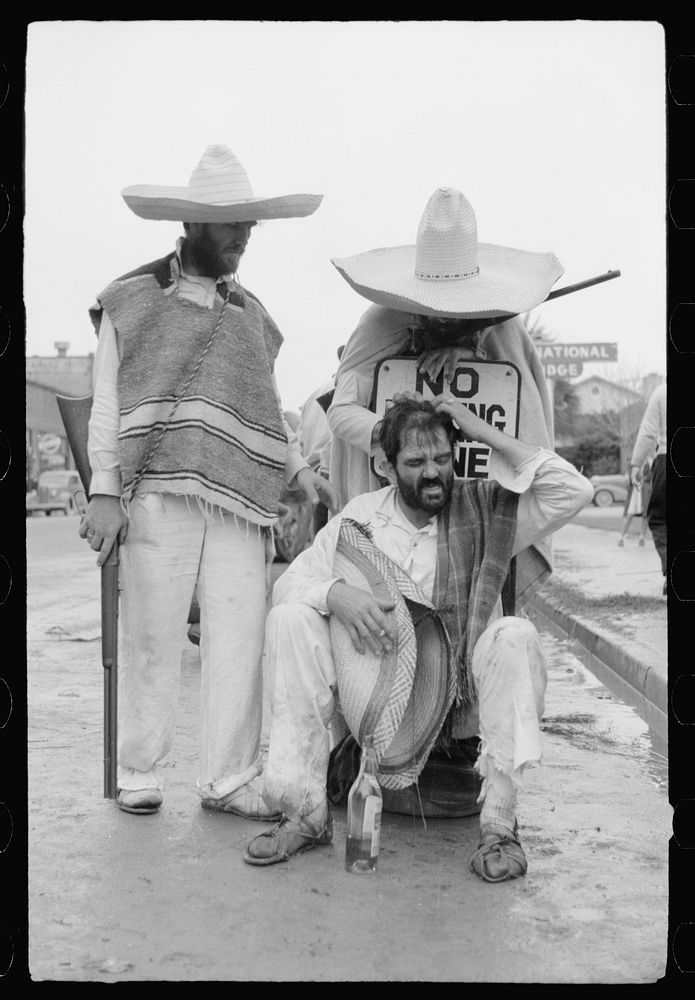 Bandidos. Local businessmen playact as drunken Mexicans, Brownsville, Texas, Charro Days. Sourced from the Library of…